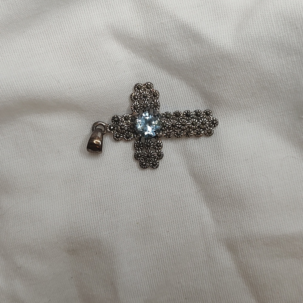 Aquamarine floral cross 625 Sterling silver Cross for necklace
